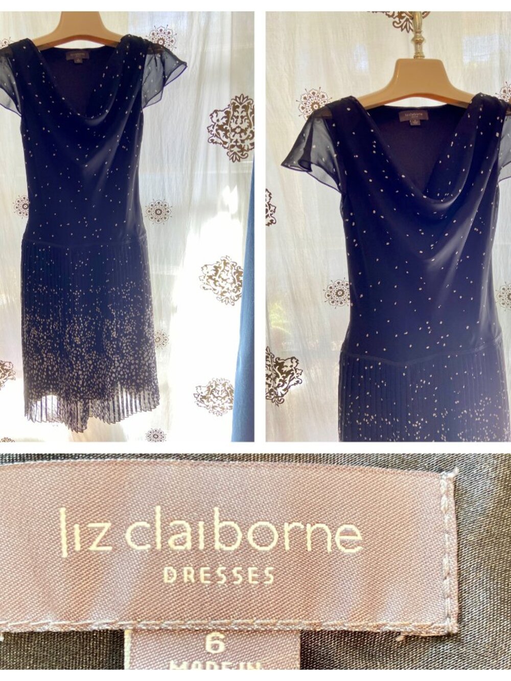 LIZ CLAIBORNE Black Polka Dot Chiffon Drop Waist Fit Flare Dress Pleated 6 EUC